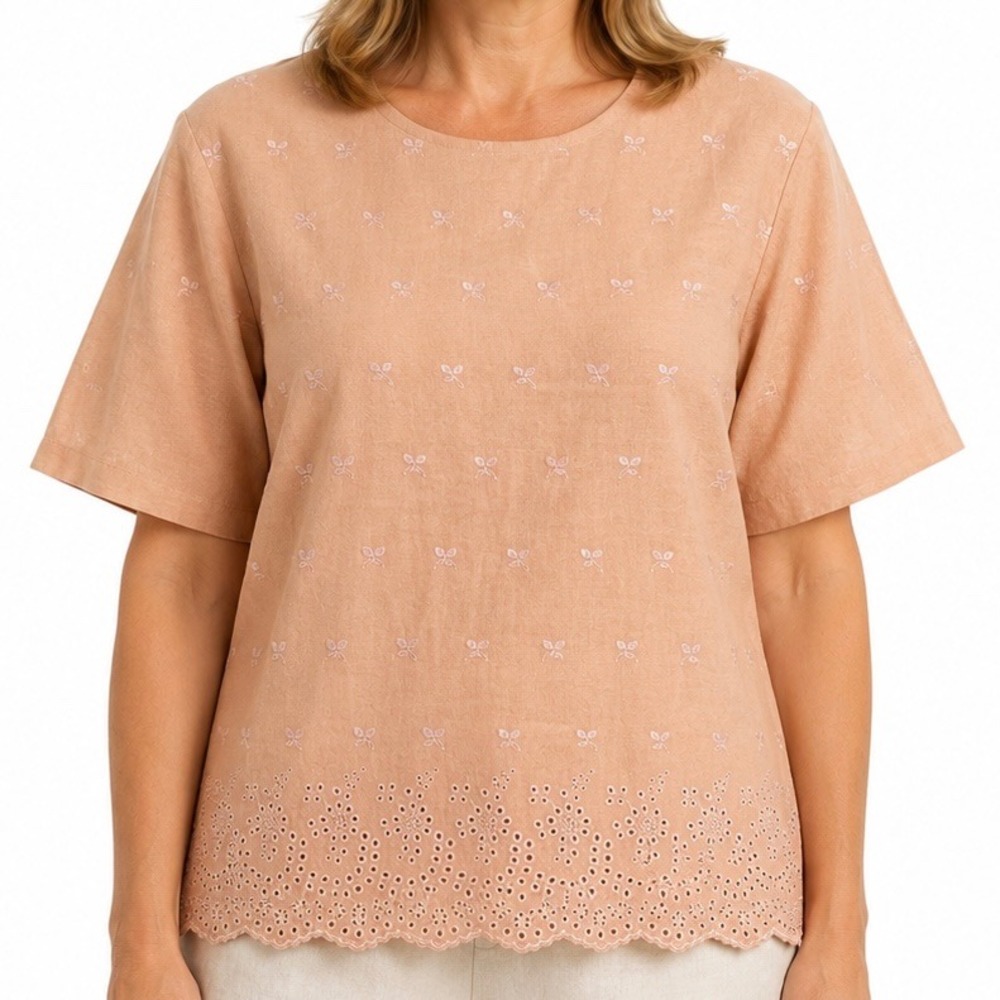 Vintage Selene Sport Peach 100% Raw Silk Embroidered Eyelet Lace Blouse Top 3X